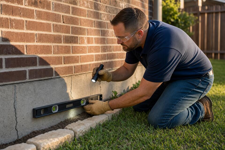 Foundation repair contractor inspecting a cracked slab perimeter on a San Antonio brick home