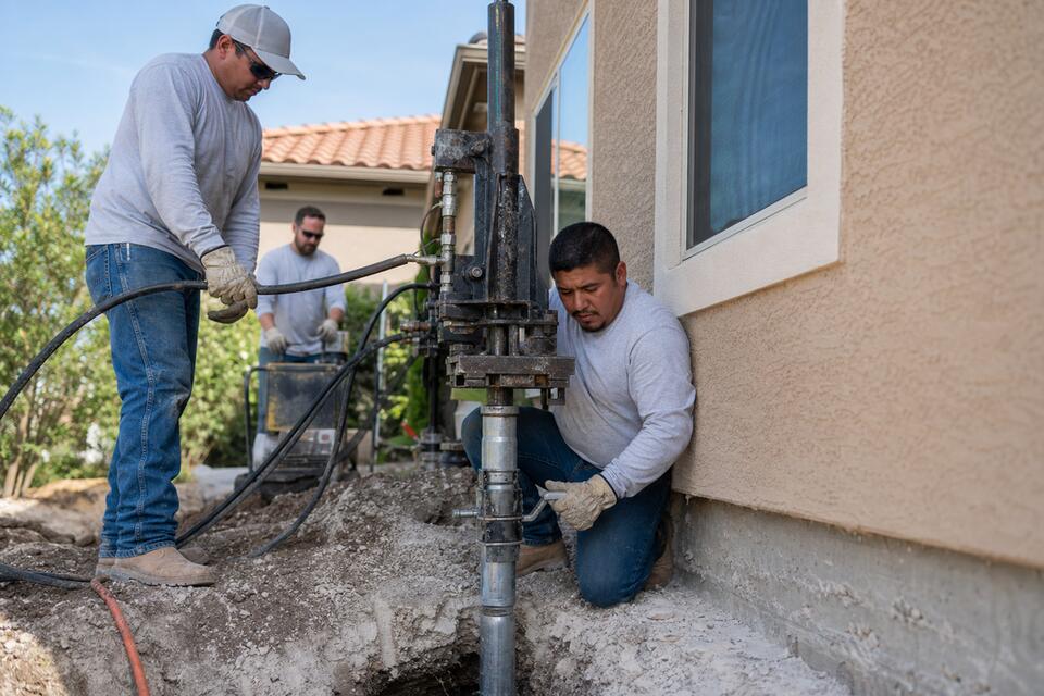 Foundation repair crew installing steel piers at a San Antonio home